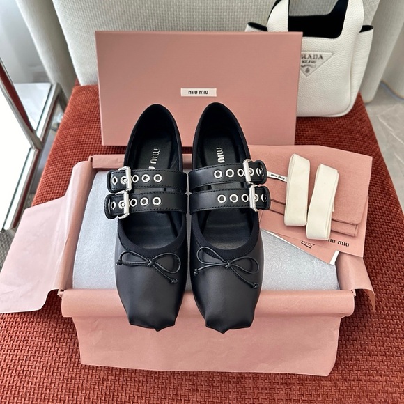 Miu Miu Shoes - Miu Miu Double Buckle Strap Leather Mary Jane Ballerina Flats